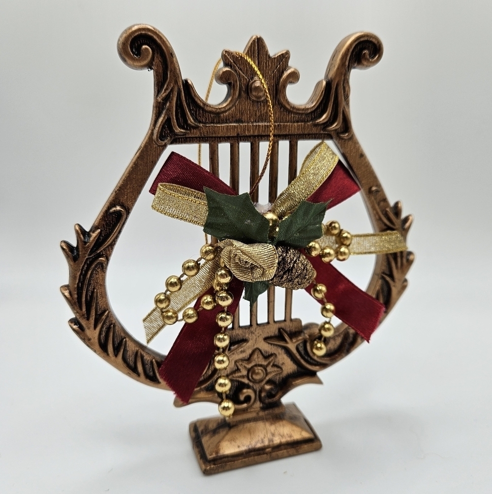 VINTAGE Golden Harp Decorated Large Holiday Christmas Ornament